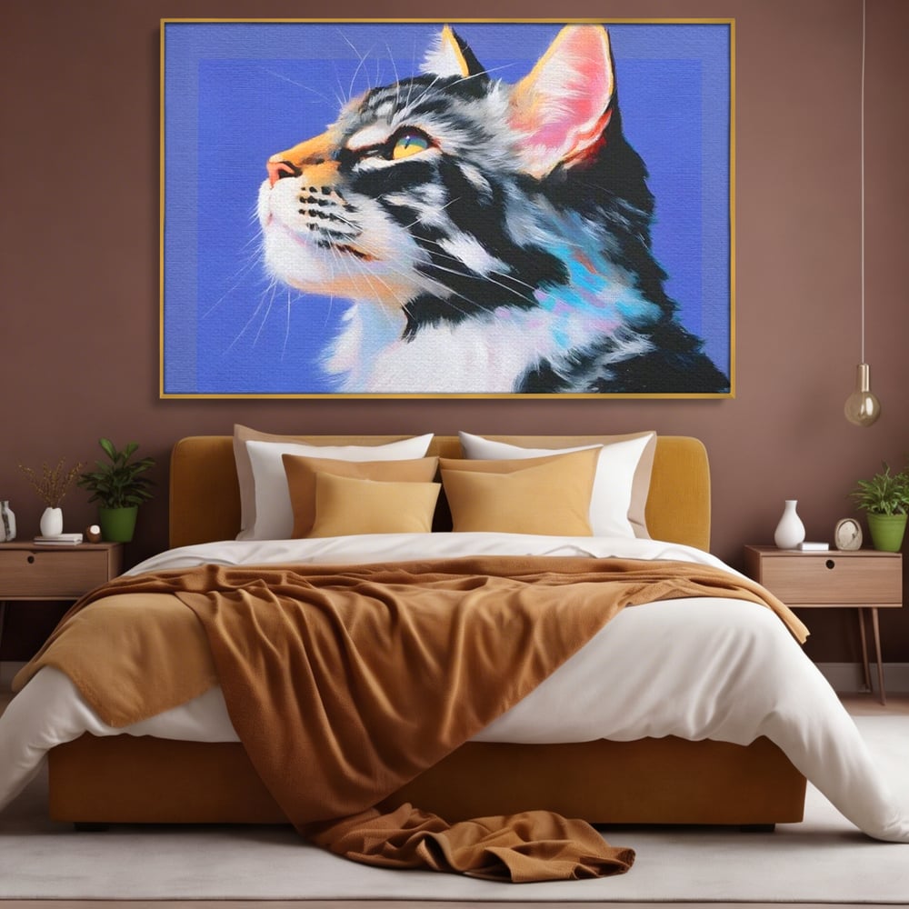 Tablou canvas cu pictura cu profil de pisica, in rama de aluminiu auriu, pe perete intr-un dormitor